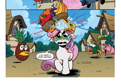 Size: 1395x969 | Tagged: safe, artist:brendahickey, idw, sweetie belle, pig, pony, unicorn, friends forever, spoiler:comic, spoiler:comicff15, arrested development, banana, carmen miranda, clothes, costume, crying, cute, female, filly, foal, food, food costume, food transformation, fruit, fruit basket, hat, hay bales, haymellon, horn, i've made a huge mistake, official comic, pineapple, sparking horn, speech bubble, straw hat, sweetie belle's magic brings a great big smile, sweetie fail, sweetiedumb, teary eyes, transformation, wat, watermelon