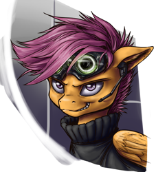 Size: 700x772 | Tagged: safe, artist:aphexangel, scootaloo, earpiece, grin, night vision goggles, solo, stalkerloo