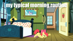 Size: 845x475 | Tagged: safe, apple bloom, dragging, image macro, meme, solo, wake up, waking up