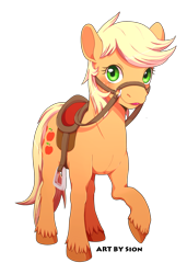 Size: 1148x1679 | Tagged: safe, artist:sion, applejack (g1), earth pony, pony, g1, bridle, cute, hatless, jackabetes, livestock play, looking at you, missing accessory, raised hoof, realistic, saddle, simple background, solo, stirrups, tack, transparent background, unshorn fetlocks