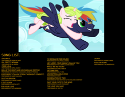 Size: 1680x1296 | Tagged: safe, artist:jedithescififreak, oc, oc only, oc:anthea, oc:prism bolt, pegasus, pony, unicorn, adopted offspring, female, kilalaverse, male, next generation, oc x oc, offspring, parent:fluttershy, parent:oc:azalea, parent:oc:berry vine, parent:rainbow dash, parent:soarin', parents:oc x oc, parents:soarindash, ponies riding ponies, shipping, soundtrack, straight