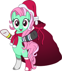 Size: 4000x4588 | Tagged: safe, artist:jeatz-axl, minty, pony, g3, bag, bipedal, clothes, g3 to g4, generation leap, hat, open mouth, sack, santa hat, santa sack, scarf, simple background, smiling, socks, solo, transparent background, vector