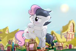 Size: 2934x1960 | Tagged: safe, artist:shutterflyeqd, rumble, sweetie belle, blushing, cute, cutie mark, female, flying, hug, male, rumbelle, shipping, straight, the cmc's cutie marks