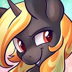 Size: 500x500 | Tagged: safe, artist:pixel-prism, oc, oc only, oc:incendia, pony, unicorn, fanfic:antipodes, bust, grin, portrait, solo