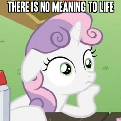 Size: 500x500 | Tagged: safe, sweetie belle, pony, unicorn, exploitable meme, female, filly, horn, image macro, meme, nihilism, philosophy, solo, sudden clarity sweetie belle, text, two toned mane, white coat, wide eyes