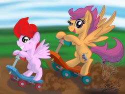 Size: 1024x768 | Tagged: safe, artist:emr0304, scootaloo, oc, oc:rose blossom, riding, scooter