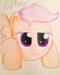 Size: 1024x1281 | Tagged: safe, artist:a7xcaramel, scootaloo, bored, colored, colored pencil drawing, sad, solo, traditional art