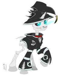 Size: 788x971 | Tagged: safe, artist:umbraldissonance, oc, oc only, oc:giggles ghosty, oc:weeping willow, pony, unicorn, 2spooky, collar, hat, necromancer, skeleton, solo