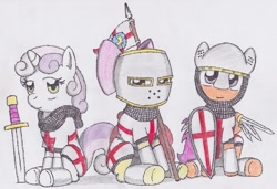 Size: 2872x1961 | Tagged: safe, artist:topgun308, apple bloom, scootaloo, sweetie belle, earth pony, pegasus, pony, unicorn, armor, chainmail, christianity, cross, crusader, crusades, cutie mark crusaders, fantasy class, gray background, helmet, kite shield, knight, literal, paladin, religious headcanon, shield, simple background, spear, sword, traditional art, trio, warrior
