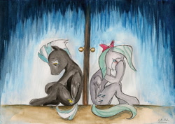 Size: 2296x1623 | Tagged: safe, artist:souleatersaku90, flitter, thunderlane, pegasus, pony, crying, door, duo, fanfic art, mare, sad, sitting, stallion, the simple life, traditional art, watercolor painting