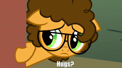 Size: 1280x720 | Tagged: safe, screencap, cheese sandwich, pinkie pride, caption, diacheeses, glasses, hug, hug request, image macro, meme, solo