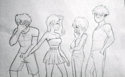 Size: 2494x1534 | Tagged: safe, artist:kianamai, oc, oc only, oc:amber lily, oc:hot head, oc:prism bolt, oc:whirlwind, human, embarrassed, humanized, humanized oc, kilalaverse, monochrome, next generation, offspring, parent:cloudchaser, parent:oc:candle wick, parent:oc:flashpoint, parent:oc:herb, parent:oc:isis quartz, parent:rainbow dash, parent:soarin', parent:thunderlane, parents:oc x oc, parents:soarindash, parents:thunderchaser, pencil drawing, story included, traditional art