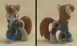 Size: 2133x1261 | Tagged: safe, artist:gryphyn-bloodheart, oc, oc only, oc:littlepip, pony, unicorn, fallout equestria, fallout equestria: project horizons, 3d print, blind bag, clothes, collage, custom, cutie mark, fanfic, female, gun, handgun, hooves, horn, irl, little macintosh, mare, photo, pipbuck, revolver, solo, toy, vault suit, weapon