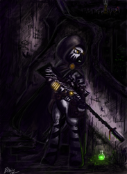 Size: 3112x4256 | Tagged: safe, artist:einik, zebra, bipedal, cloak, clothes, gun, rifle, solo