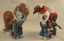 Size: 3433x2225 | Tagged: safe, artist:gryphyn-bloodheart, oc, oc only, oc:blackjack, oc:littlepip, pony, unicorn, fallout equestria, fallout equestria: project horizons, 3d print, clothes, custom, fanfic, female, funko, gun, handgun, horn, irl, little macintosh, mare, mystery mini, mystery minis, photo, pipbuck, revolver, toy, vault suit, weapon