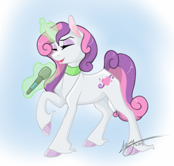 Size: 1203x1147 | Tagged: safe, artist:lionylioness, sweetie belle, eyes closed, magic, microphone, older, solo, sweetie belle's magic brings a great big smile, telekinesis, unshorn fetlocks