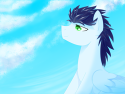 Size: 4000x3000 | Tagged: safe, artist:sparkle-bubba, soarin', pegasus, pony, blue coat, blue mane, male, solo, stallion, wings