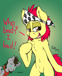 Size: 1000x1222 | Tagged: safe, artist:punk-pegasus, apple bloom, oc, oc:menzing, semi-anthro, alternate hairstyle, bad bloom, bandana, bare chest, belly button