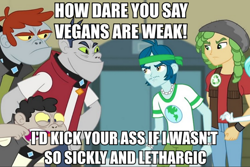 Size: 898x600 | Tagged: safe, screencap, captain planet, diamond dudes, fido, rover, sandalwood, spot, diamond dog, equestria girls, background human, eco kid insults, image macro, meme, vegan