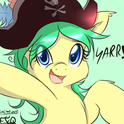 Size: 2000x2000 | Tagged: safe, artist:freefraq, oc, oc only, oc:chantie note, cute, fluffy, hat, looking at you, open mouth, pirate, pirate hat, smiling, solo