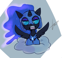 Size: 773x721 | Tagged: safe, artist:lessue, nightmare moon, cute, filly, looking at you, nightmare woon, pillow, prone, solo, spread wings