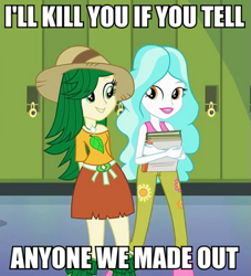 Size: 589x650 | Tagged: safe, edit, edited screencap, screencap, paisley, sweet leaf, equestria girls, background human, caption, death threat, female, image macro, lesbian, meme, threat