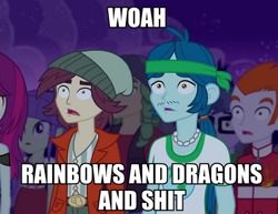 Size: 842x650 | Tagged: safe, screencap, captain planet, heath burns, microchips, mystery mint, normal norman, sandalwood, starlight, equestria girls, rainbow rocks, background human, eco kid insults, female, image macro, male, meme, vulgar