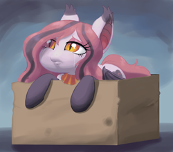 Size: 1368x1205 | Tagged: artist needed, safe, oc, oc only, oc:arrhythmia, bat pony, pony, box, crying, homeless, sad, solo