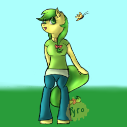 Size: 3500x3500 | Tagged: safe, artist:burningmyelectronics, apple fritter, anthro, butterfly, unguligrade anthro, apple family member, breasts, ear fluff, female, field, solo