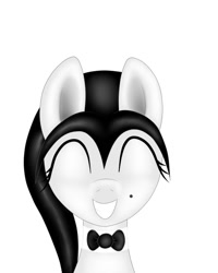 Size: 640x800 | Tagged: safe, artist:thepianistmare, oc, oc only, oc:klavinova, beauty mark, black hair, bowtie, bust, cute, eyes closed, grin, portrait, simple background, smiling, squee, white background