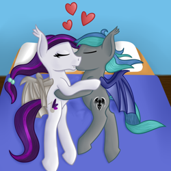 Size: 800x800 | Tagged: safe, artist:timid tracks, oc, oc only, oc:sweet hum, oc:swift edge, bat pony, pony, bed, bedroom, couple, cuddling, female, heart, kissing, love, male, snuggling, straight, sweetedge