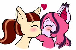 Size: 800x535 | Tagged: artist needed, source needed, safe, oc, oc only, oc:arrhythmia, oc:java chip, bat pony, pony, blushing, female, kissing, kissy face, lesbian, love, shipping