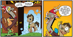 Size: 1509x765 | Tagged: safe, idw, discord, doctor whooves, spoiler:comic, spoiler:comic24, bowtie, doctor who, fez, fourth wall, fourth wall joke, hat, idw advertisement, necktie