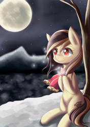 Size: 2480x3507 | Tagged: safe, artist:dyoung, oc, oc only, oc:vanilla, clothes, moon, pixiv, scarf, scenery, snow, snowflake, solo, tree