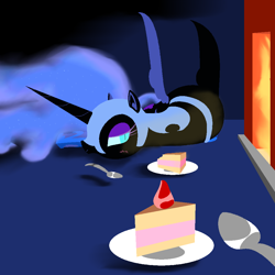 Size: 1000x1000 | Tagged: safe, artist:jun, nightmare moon, blushing, cake, fireplace, offscreen character, pixiv, pov, solo, spoon