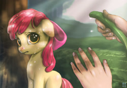 Size: 2381x1667 | Tagged: safe, artist:mrs1989, apple bloom, earth pony, human, pony, adorabloom, crying, cute, female, filly, hand, hose, sad, sweat, wet, wet mane