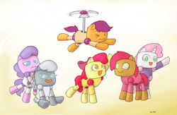 Size: 2000x1300 | Tagged: safe, artist:i am nude, apple bloom, babs seed, diamond tiara, scootaloo, silver spoon, sweetie belle, sweetie bot, pony, robot, robot pony, crossover, cutie mark crusaders, happy, megaman, megaman legends, propeller, servbot