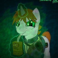 Size: 1000x1000 | Tagged: safe, artist:toasterrepairunit, oc, oc only, oc:littlepip, pony, unicorn, fallout equestria, clothes, cutie mark, fanfic, fanfic art, female, glowing horn, horn, levitation, magic, mare, radaway, smiling, solo, telekinesis, vault suit