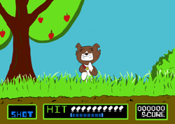 Size: 1024x724 | Tagged: safe, artist:manfartwish, winona, parasprite, apple tree, crossover, duck hunt, laughing, nintendo, solo, tree