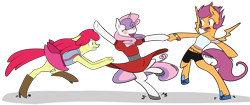 Size: 4623x1938 | Tagged: safe, artist:mokychan, apple bloom, scootaloo, sweetie belle, semi-anthro, blushing, boots, clothes, cutie mark crusaders, dancing, dress, high heel boots, midriff, older, shoes, shorts, skirt, teenager