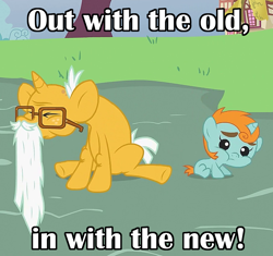 Size: 896x844 | Tagged: safe, screencap, snails, snips, pony, unicorn, magic duel, age progression, age regression, age spell, baby, baby pony, beard, colt, foal, male, new year, old, text