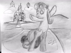 Size: 2560x1920 | Tagged: safe, artist:heromewtwo, artist:thegreatmewtwo, bon bon, sweetie drops, pony, bipedal, candy castle, candyland, dancing, monochrome, solo, traditional art