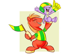 Size: 600x444 | Tagged: safe, artist:nukilik, big macintosh, spike, dragon, earth pony, pony, flag, helmet, hoofball, male, stallion