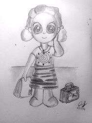 Size: 1920x2560 | Tagged: safe, artist:thegreatmewtwo, zecora, equestria girls, cute, grayscale, humanized, lunch box, lunchbox, monochrome, smiling, solo, traditional art, younger