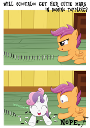 Size: 3434x4859 | Tagged: safe, artist:flufflelord, apple bloom, scootaloo, sweetie belle, comic, cute, cutie mark crusaders, domino, nope, scootalove, sweetie troll, sweetiedumb, trolling