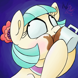 Size: 1024x1024 | Tagged: safe, artist:aquaticsun, artist:mane6swag, coco pommel, collaboration, chocolate, derp, drinking, mug, solo, wide eyes