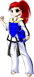 Size: 596x1342 | Tagged: safe, artist:taekwon-magic, oc, oc only, oc:taekwon magic, black belt, chest guard, clothes, gi, headgear, martial arts, robe, taekwondo, trousers