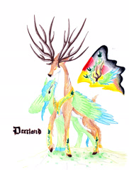 Size: 1700x2338 | Tagged: safe, artist:dawn22eagle, oc, oc only, deer, deer pony, original species, pegasus, deerland, eyes closed, flag, germany, hug, smiling, spread wings, traditional art, winghug