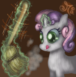 Size: 610x620 | Tagged: safe, artist:chibiwendy, sweetie belle, broom, magic, solo, sweetie belle's magic brings a great big smile