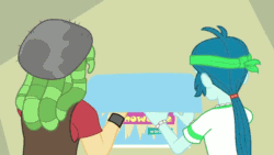 Size: 960x540 | Tagged: safe, screencap, captain planet, sandalwood, equestria girls, rainbow rocks, animated, background human, better than ever, brofist, hoofbump, male, poster